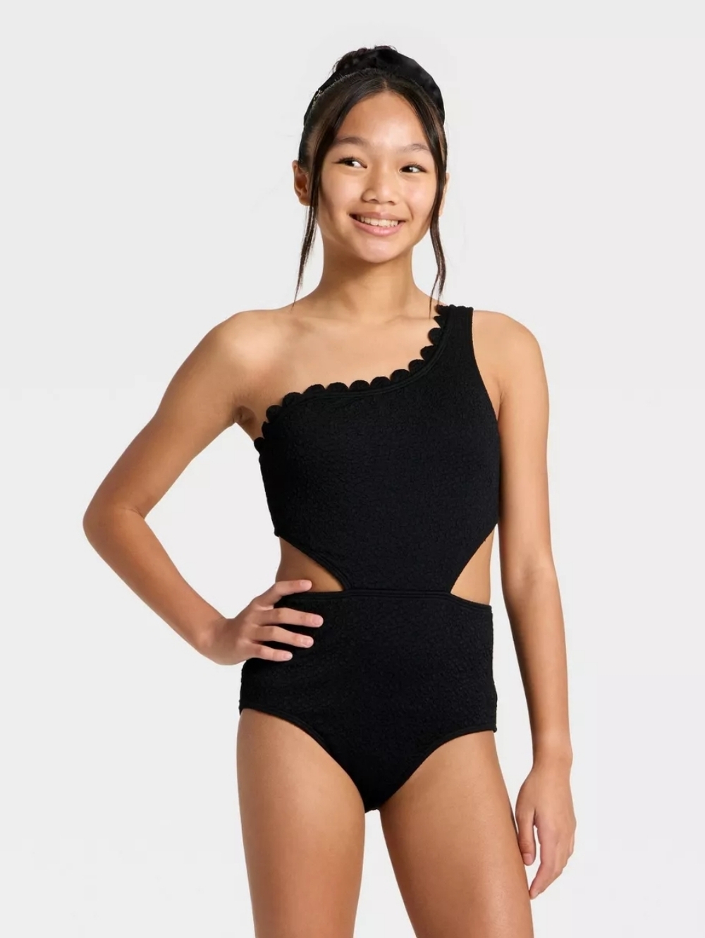Art Class Scallop Jacquard One Piece Swimsuit | Girls One Shoulder Bathing Suit - Picture 6 of 6